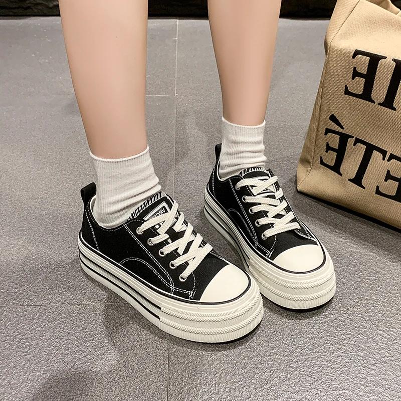 Classic White Canvas Shoes Women's Solid Lace-up Casual Thick-sole Shoes Platform Sneakers Fashionable Round-toe Walking Shoes