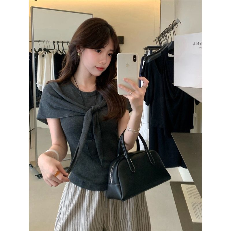 Kumikumi High-Grade Simple Temperament Round Neck Short Sleeve Knit Women Clothes Summer Slim Fit Slimming Versatile Top