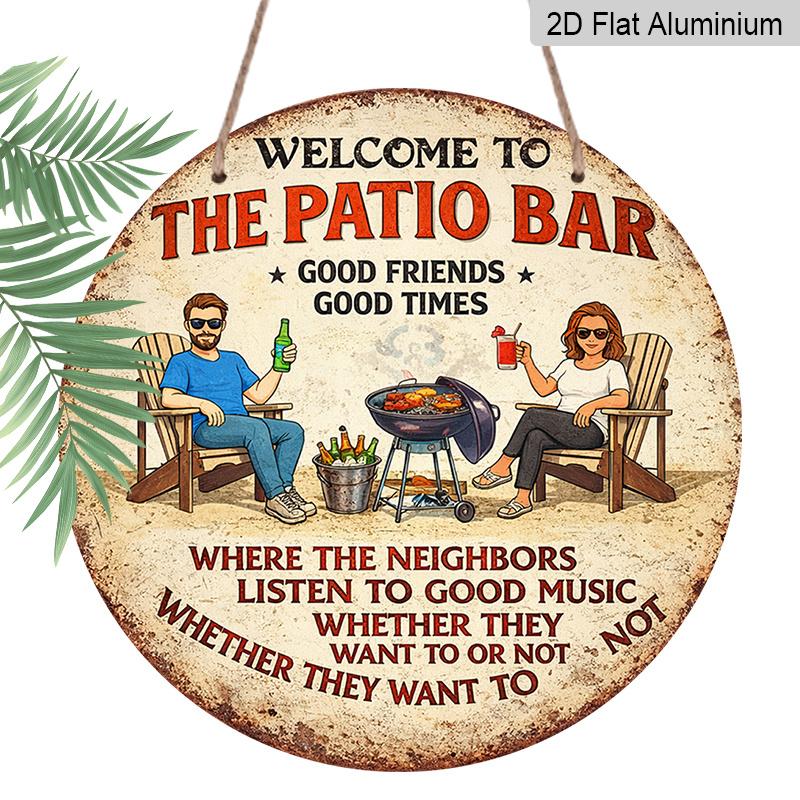 2D Flat, 1pc Round Aluminum Hanging Sign, "Welcome To The Patio Bar" Retro Metal Wall Plaque, Vintage BBQ & Friends Drinking Design, Ideal for