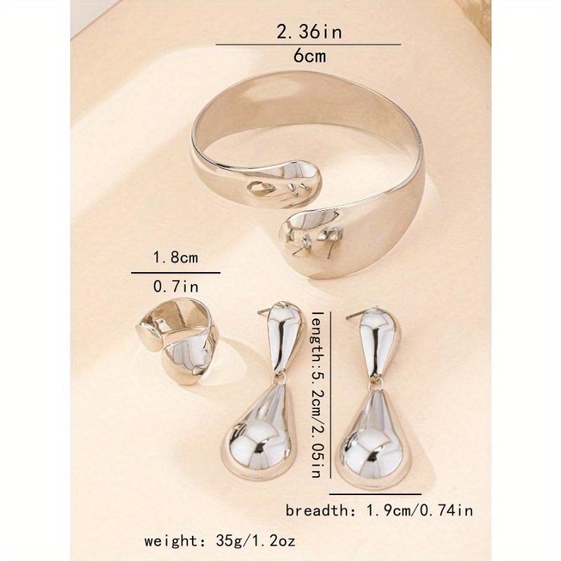 Geometric Open Cuff Bracelet, 1pc Open Ring, and 1 Pair of Droplet Shaped Pendant Earrings Retro Exaggerated Jewelry Set for Women