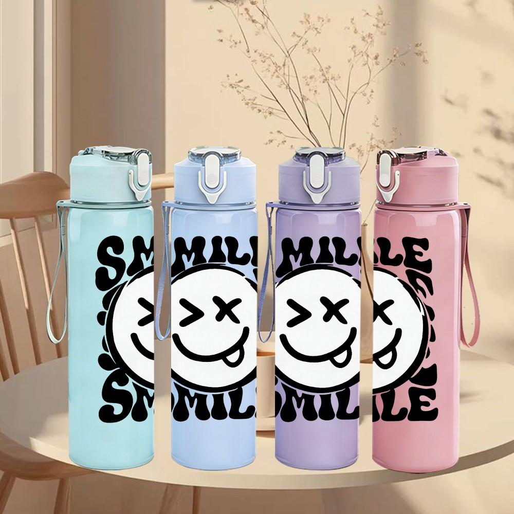1PC Smile X Eyes Graffiti Face Print 750ml Color Plastic Sports Water Bottle Leakproof Flip Straw Lid Suitable for Sports Office Home Use