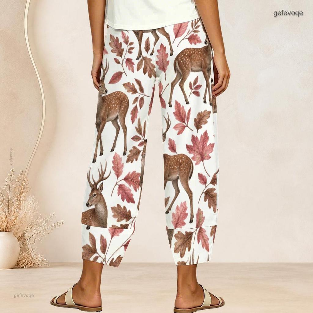 Women Plus Size Loose Deer And Leaf Printed Cross Hem Cropped Pants