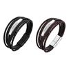 Vnox Free Engraving Men's Bracelet, Multilayer Leather Stainless Steel Long Bar Charm Wristband, Brown Black Braided Jewelry New