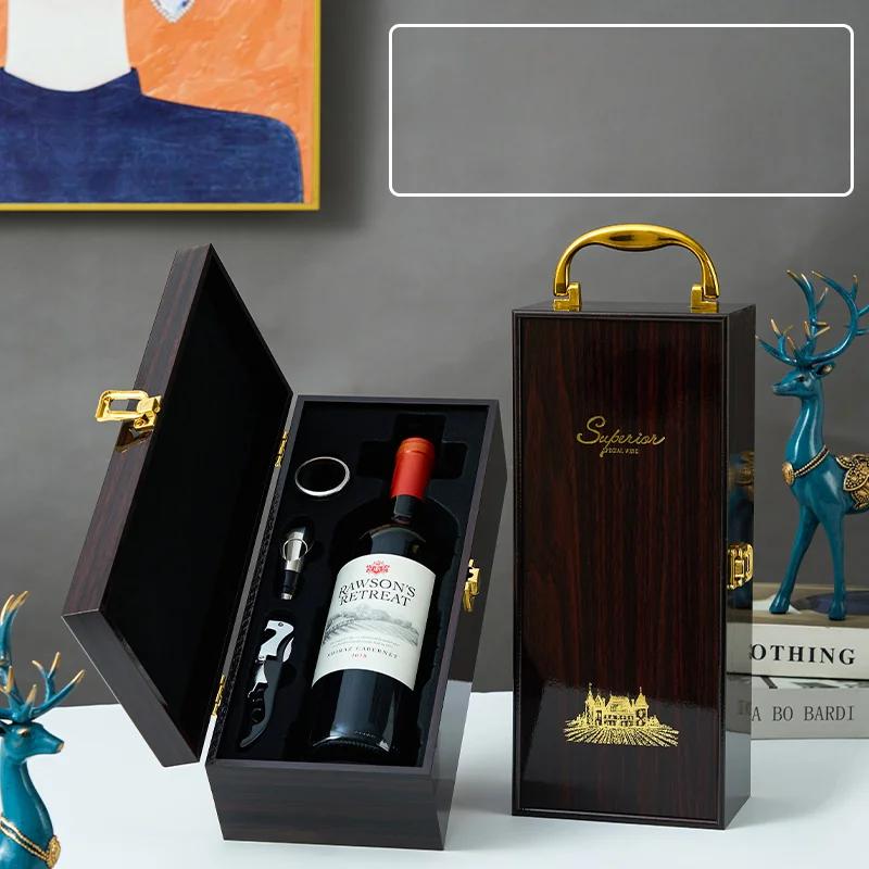 Single/Double Leather Box Wine Bottle Box Luxury Handle Wooden Organizer Gift Wood Wine Holder for 2 Red Wine Packaging