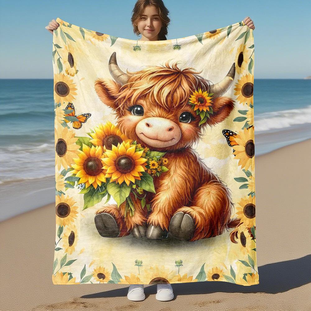 1PC cowflowerOutdoor Flannel Blanket - Soft Plush Decor for Picnics, Camping, Bedroom, All-Season Cozy Gift for Christmas, Lightweight 1368A
