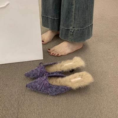 Bolso de felpa con temperamento francés, zapatillas de media punta de un solo pedal, zapatos muller puntiagudos, zapatos de felpa para mujer, para llevar fuera en invierno