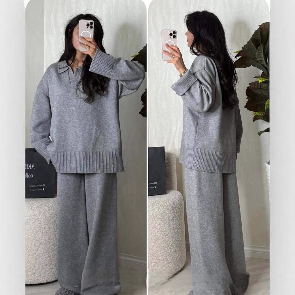 Autumn 2025 Women's Polo Collar Top & Wide Leg Pants Set