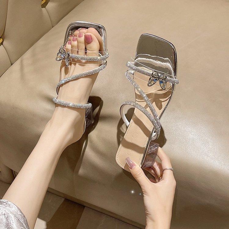 Thick-heeled slippers summer wear new French fairy style bow rhinestone temperament high-heeled crystal sandals