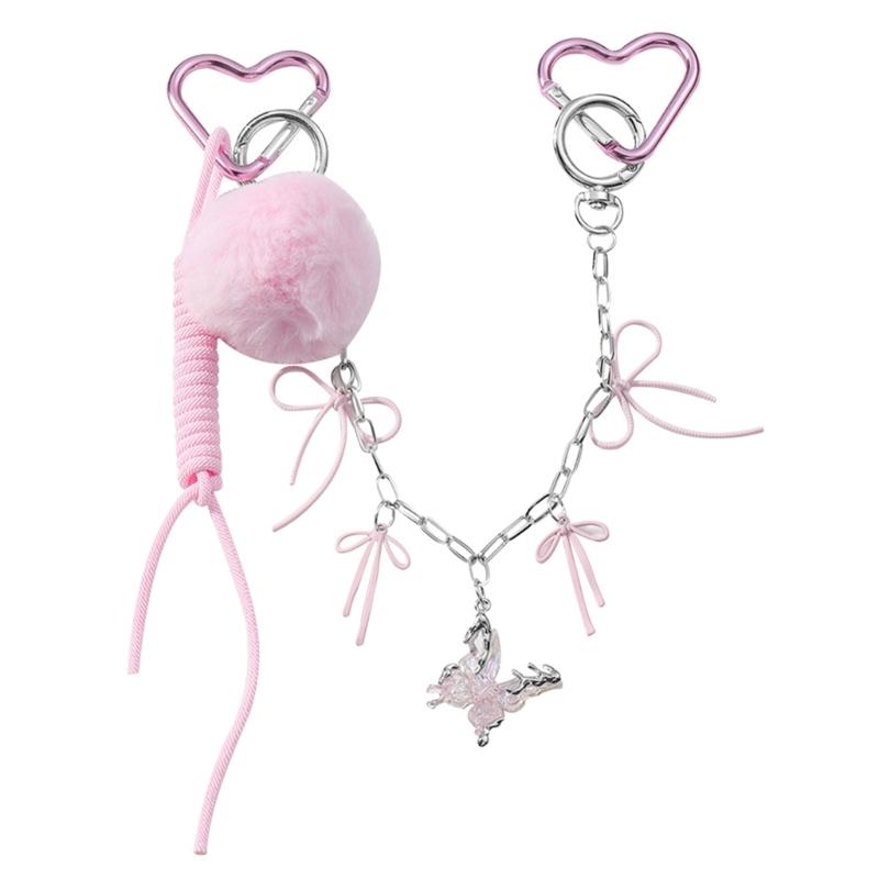 Fashion Bows Keyring Creative Car Key Chain Plush Pompoms Keychain Heart Keyrings Bag Pendant Ornaments Bag Charm