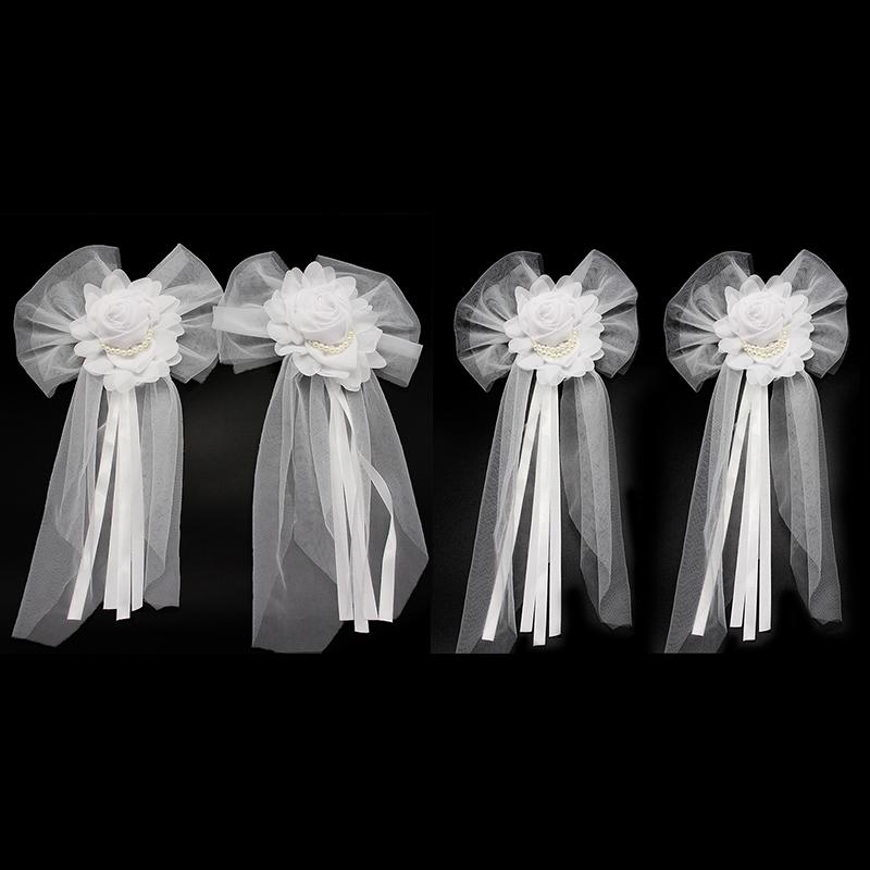 1Pair White High-quality Silk Ribbon Romantic Pearl Bud Party Decor Supplies Wedding Car Decoration Lace Flowers Chair Bow Tie