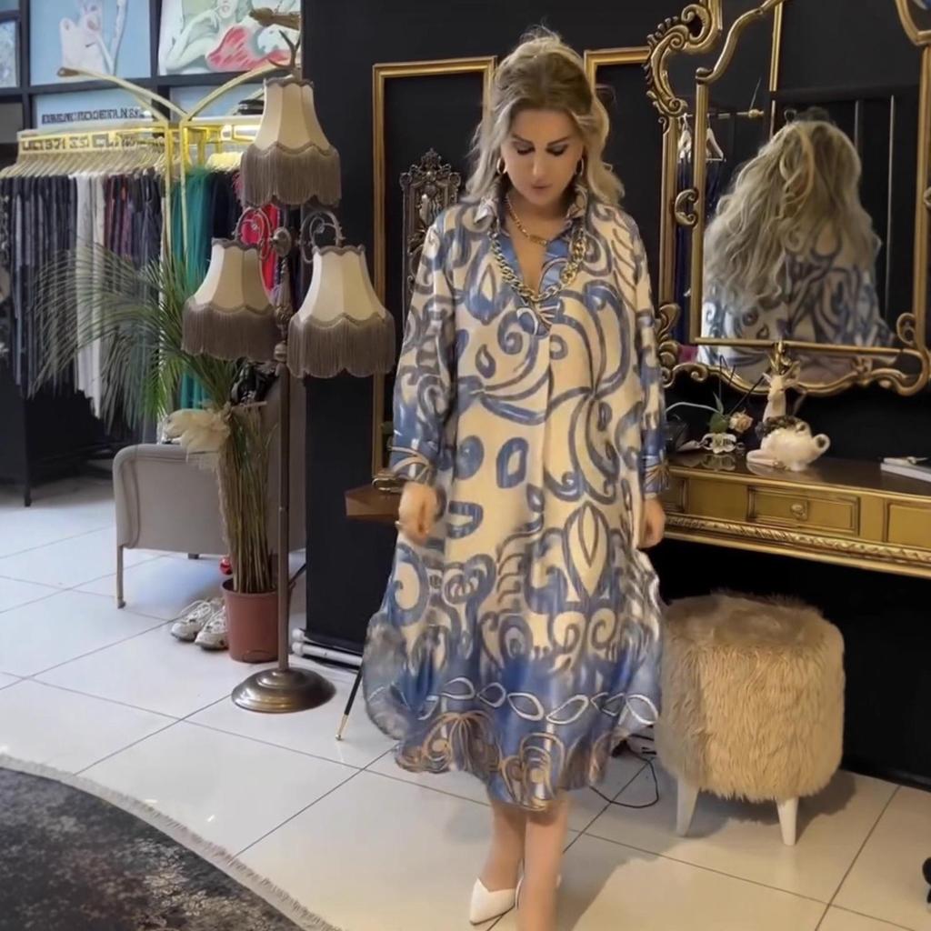 Europeisk & Amerikansk Stil Damers Volang Långärmad Tryckt Skjortklänning med Elastisk Midja, 2026 Kollektion.