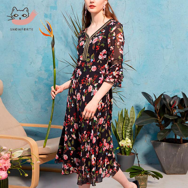 

100% Mulberry Silk Floral V-Neck Short-Sleeve Dress M