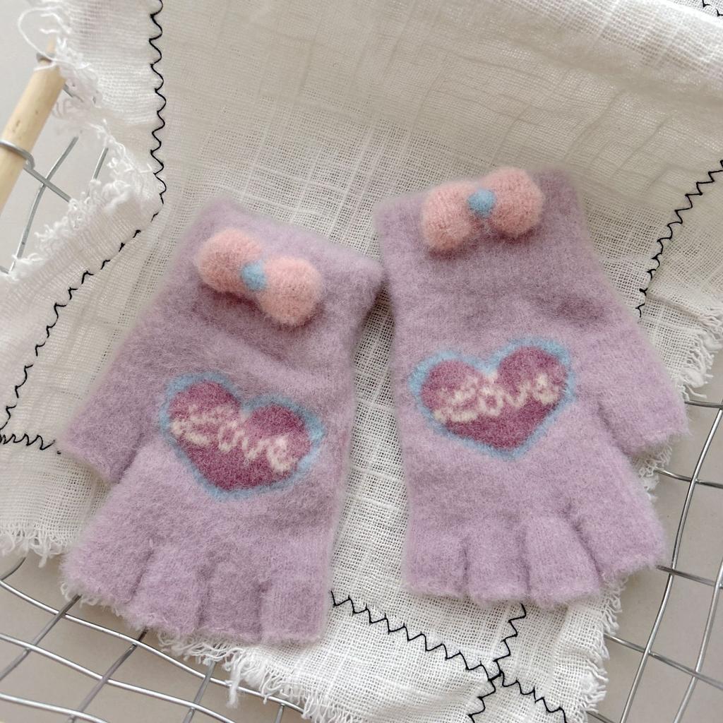New Style Women's Half Finger Big Children's Warm Five Finger Split Finger Writing Love Bow Cute Knitted Gloves