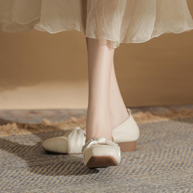 Pearl Ribbon Thick Heel Single Shoes Women's Summer Square Head Low Heel 3cm Small Heel Shoes Beaded Soft Sole Ballet Shallow Mouth Single Shoes Women