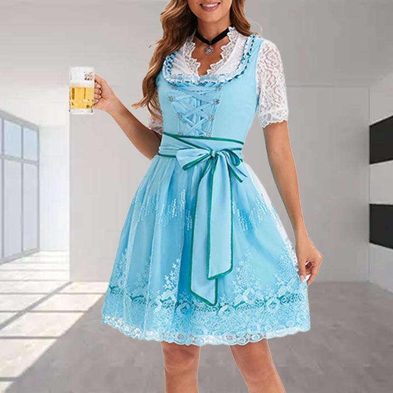 German Bavarian Oktoberfest Costume Set,Halloween Beer Costume Dirndl Dresses Blouse Apron Bows Ribbon for Adult Women