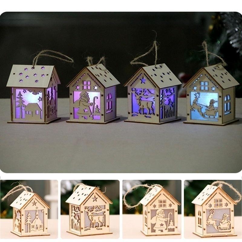 New Christmas Led Light Wood House Cute Christmas Tree Hanging Ornaments Holiday Decoration