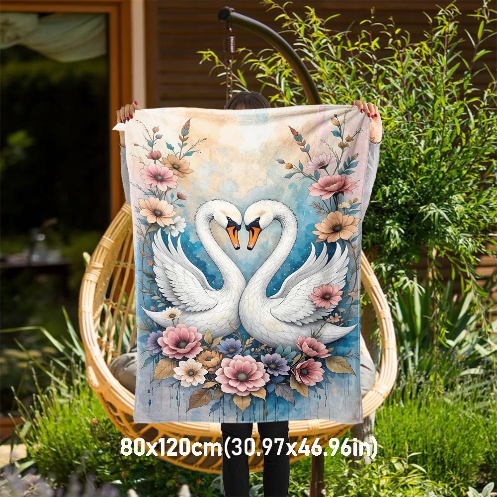 1pc Swans Flowers Outdoor Flannel Blanket Soft Warm All-Season Throw for Sofa Bed Car Camping Office, Cozy Gift Idea1134S