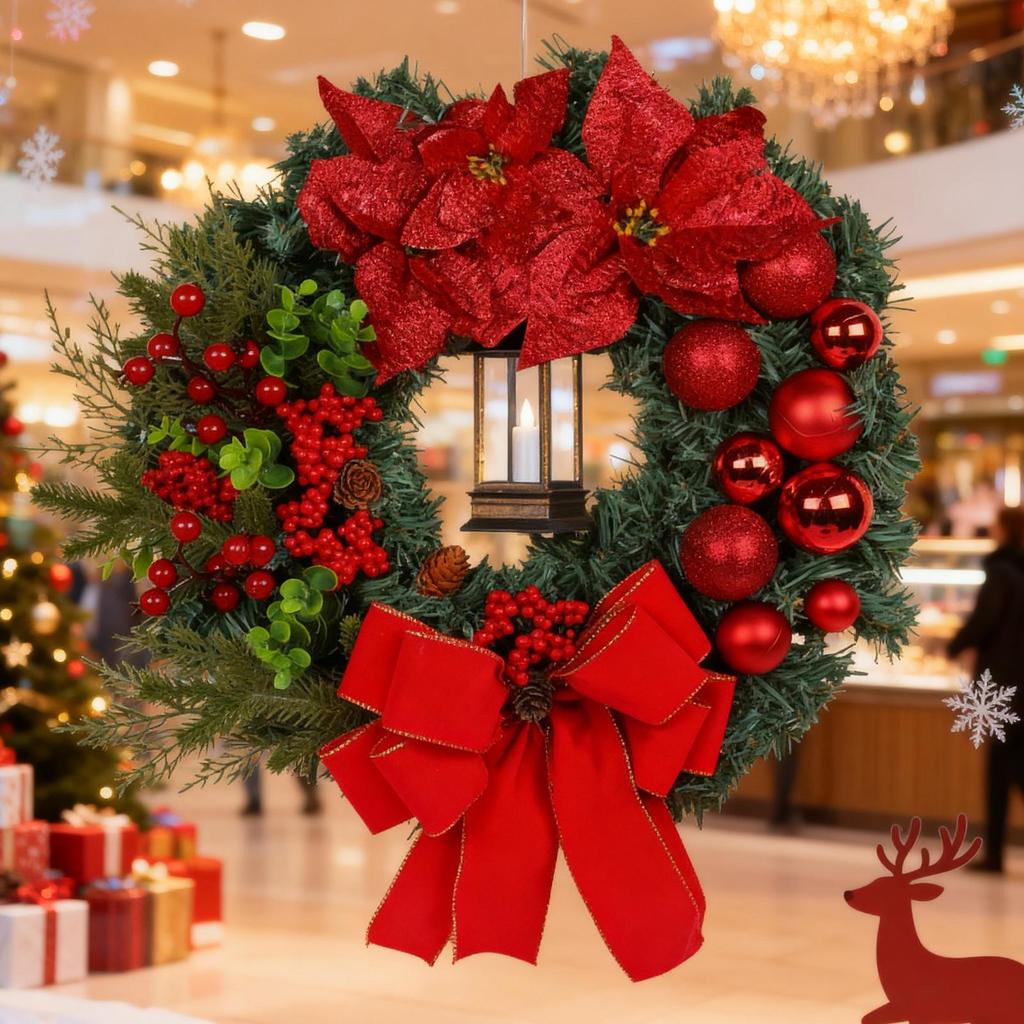 Outdoor Christmas Wreath With Lights Artificial Bow Wreath Household Festival Decoration For Front Door Wall Fireplace Window