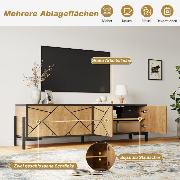 Meuble TV 153x40x50 cm pour TV 65 pouces 4 portes design géométrique grand rangement salon 6 pieds métal bois naturel noir chic