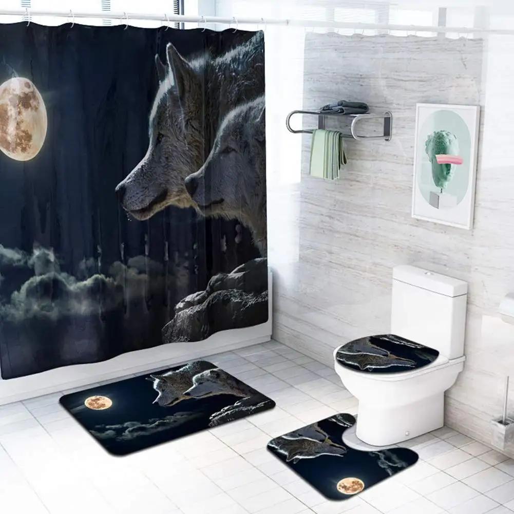 Mystery Wolf Animal Printed Shower Curtain Set With Bath Mat Anti-Slip Toilet Lid Cover Bathroom Set Carpet Home Decoration
