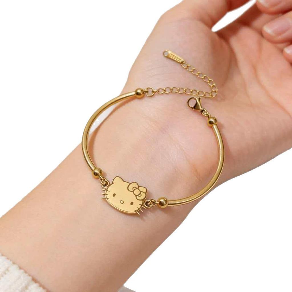 Real Gold Plated Stainless Steel KT Cat Bracelet - Light Luxury, Fade-Resistant, Cute Cartoon Design