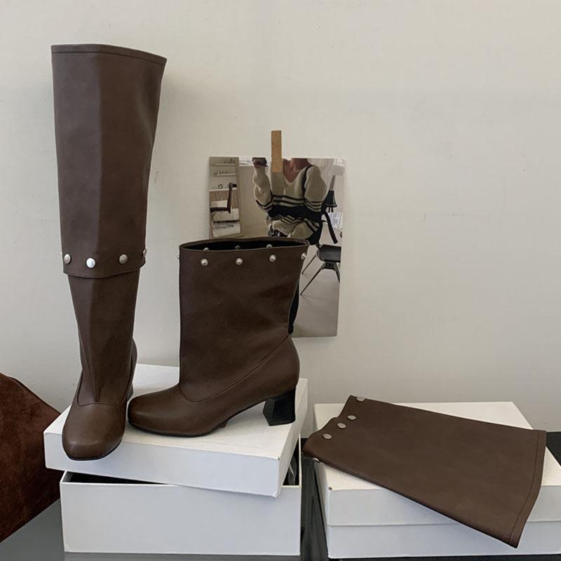 Fashion Female Square Heels Modern Ladies Knee High Boots Shoes Fashion Rivet Women Western Long Boots Pumps Shoes New Autumn Winter