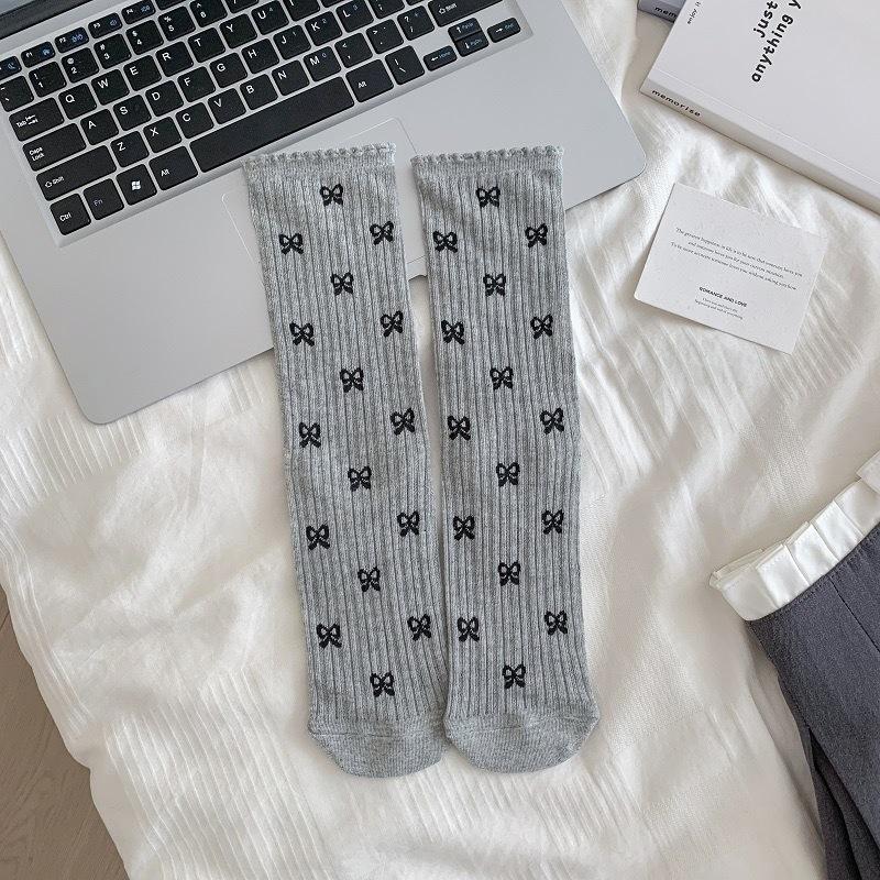 Ballet-style Bow Pile Socks, Women's Mid-calf Socks, Summer Thin Mesh Perforated Polka Dot Socks