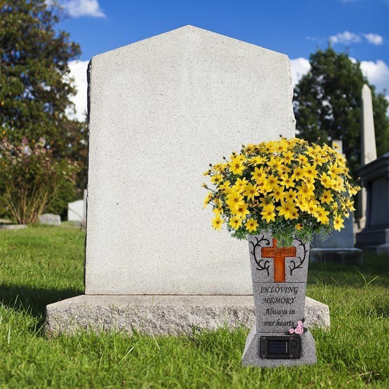 Waterproof Solar Light Cross Grave Vase, Solar Powered Weatherproof Cemetery Flower Holder for Pet & Human Headstones
