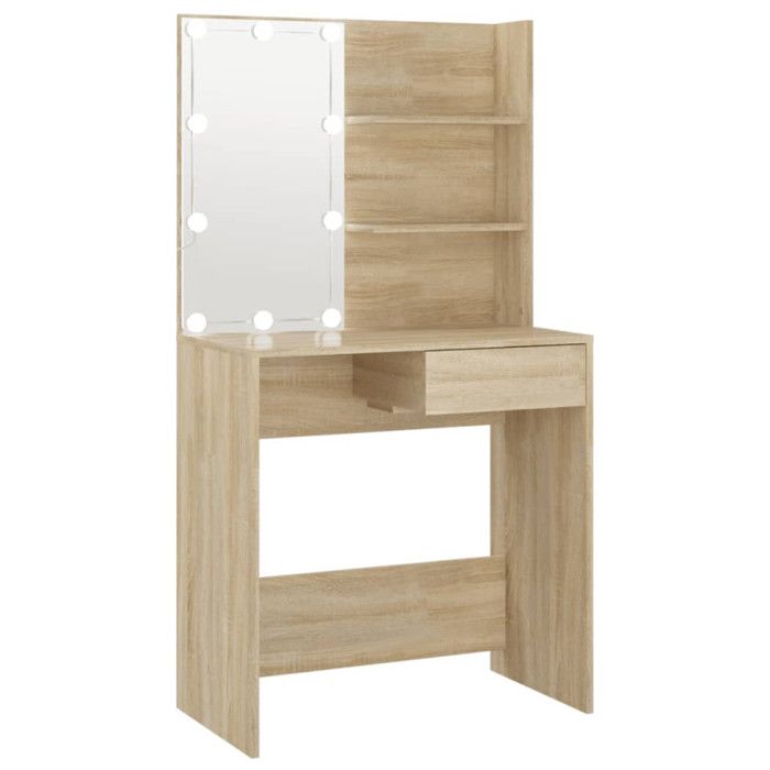 VidaXL Coiffeuse avec LED, Table de Maquillage avec Étagères et Tiroir, Table Cosmétique de Chambre, Moderne, Chêne Sonoma 808804