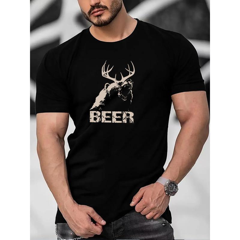 Deer Horn And BEER Letter Print Men's Stylish Short Sleeve Crew Neck T-shirt, Summer Outdoor
