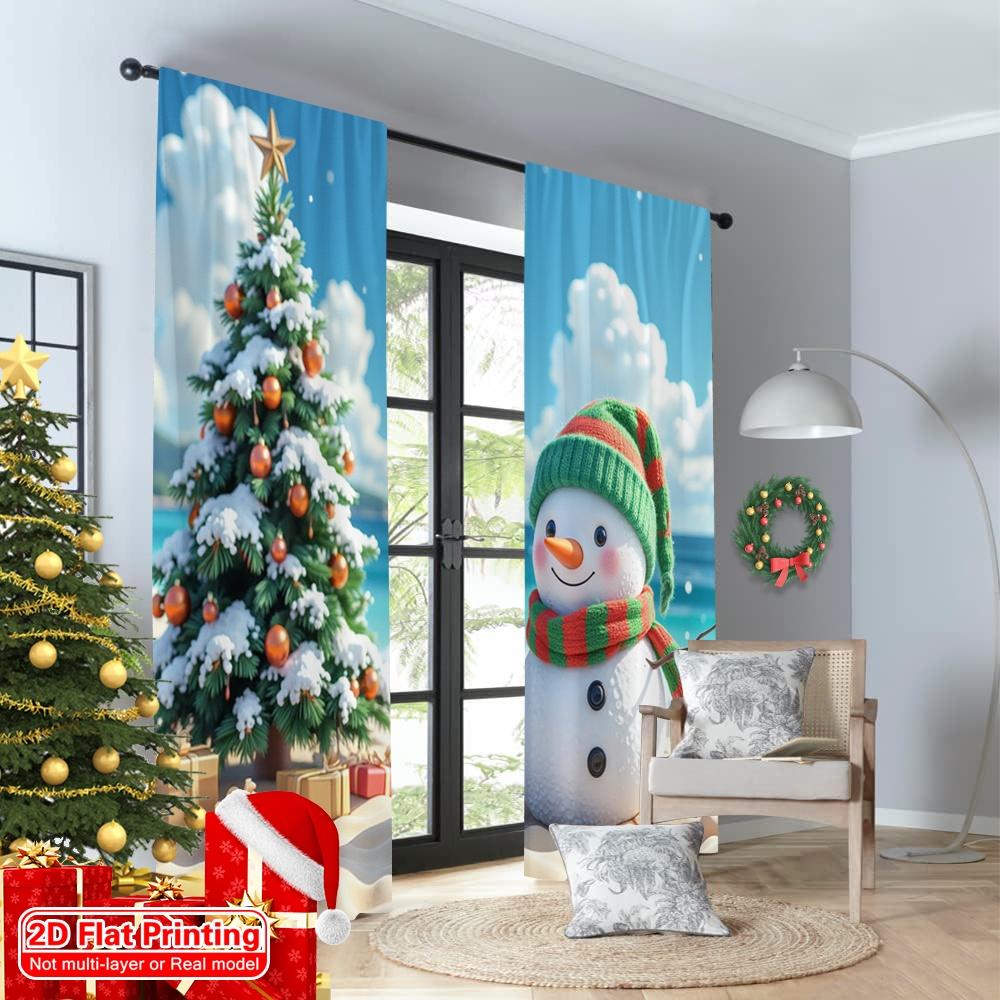 2pcs 2D Flat Printing Merry Christmas Curtain Snowman Christmas Beach Tropical Holiday 100% Polyester Without Electricity Spring
