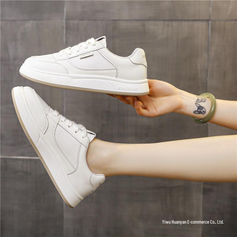 Women's White Versatile Sneakers - Flat, Thick Sole, Stylish 2025 Design for Spring and Autumn