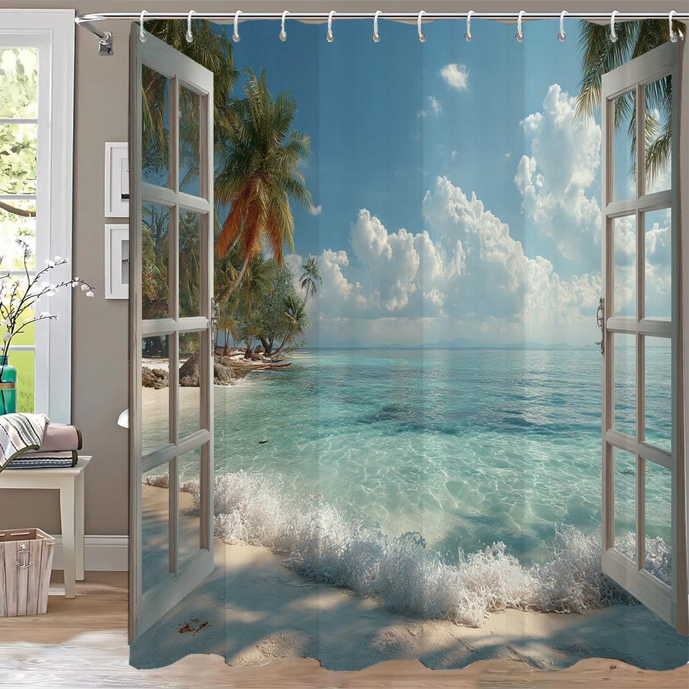 Seaside Beach Scenery Outside The Window Shower Curtain, Bathroom Decorative Curtain With Hooks,Home Decoration Curtain