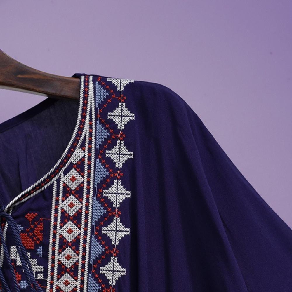 Embroidery Short Sleeve T Shirt Lace-up Tassel Ethnic Style Tops Bohemian Style T-shirt  Women