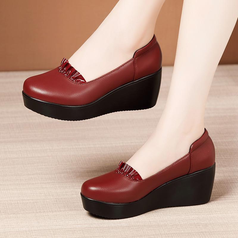 Women's Genuine Leather Loafers 6cm Mid Block Heel Platform Wedge Shoes Breathable Comfortable Casual Mom Shoes for Fall