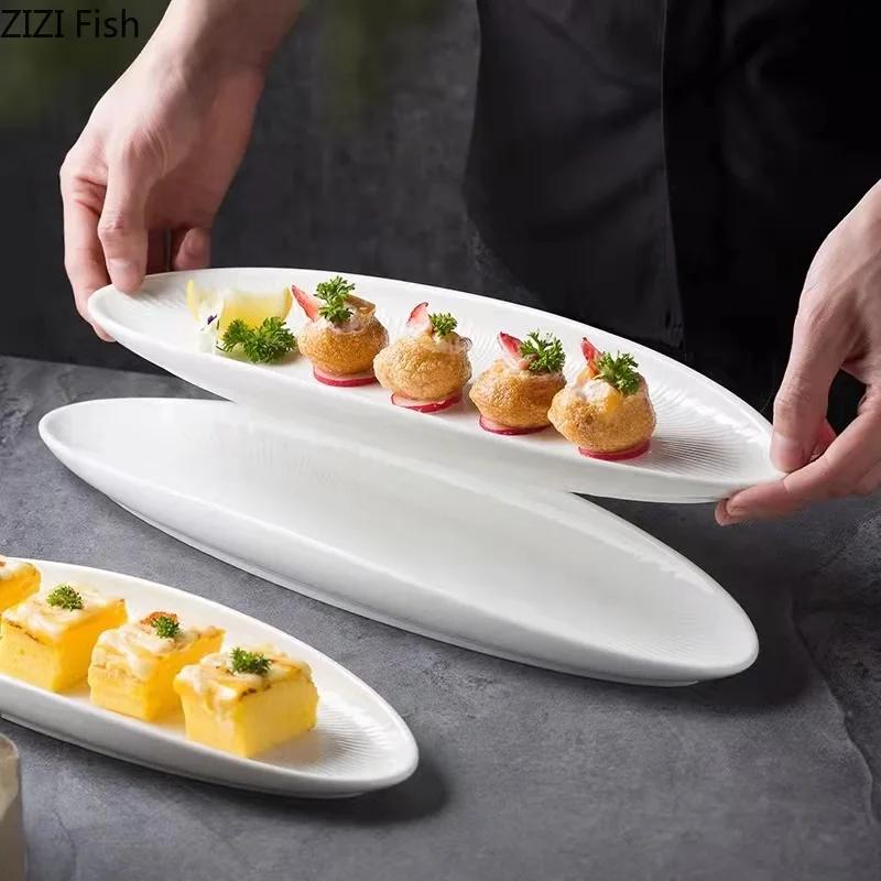 BROval Long Plate Hotel Ceramic Tableware Restaurant Gourmet Dessert Plate Sashimi Sushi Plate Modern Home Kitchen White TablewareEY