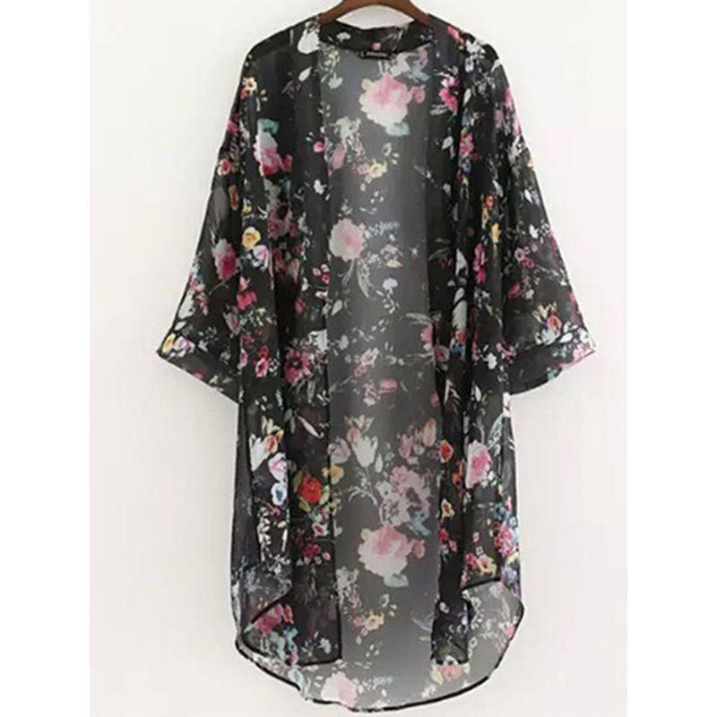 Plus Size Sweet Small Floral Print Half Sleeve Seaside Sun Protection Clothing