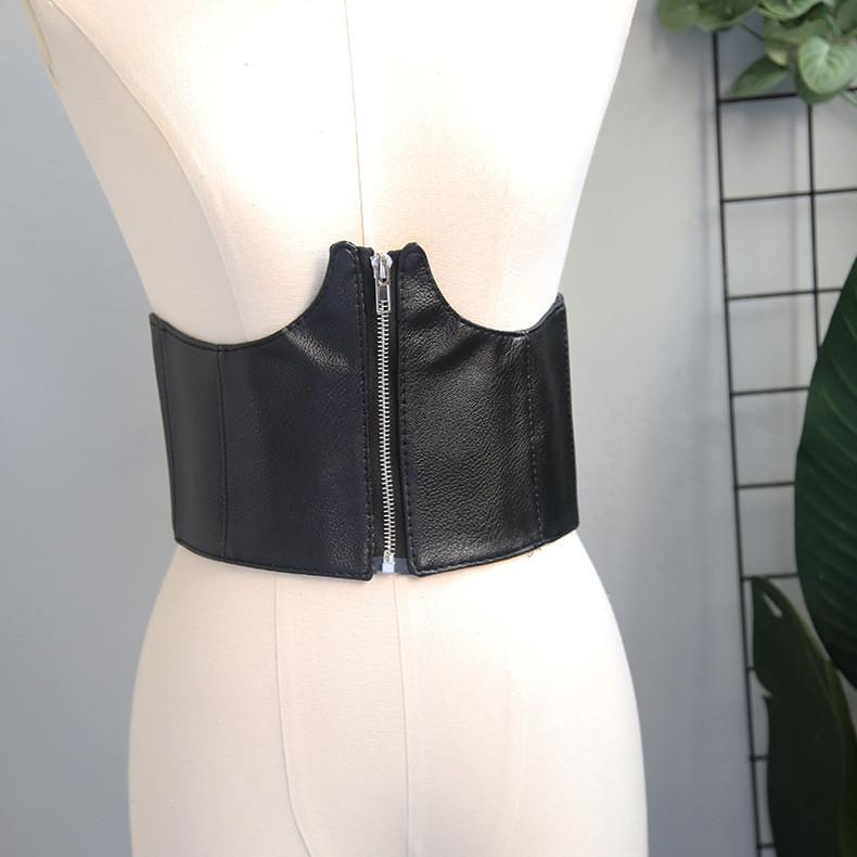 Color Solid Simple Artificial Leather Women Casual Wide Waistband Zipper With