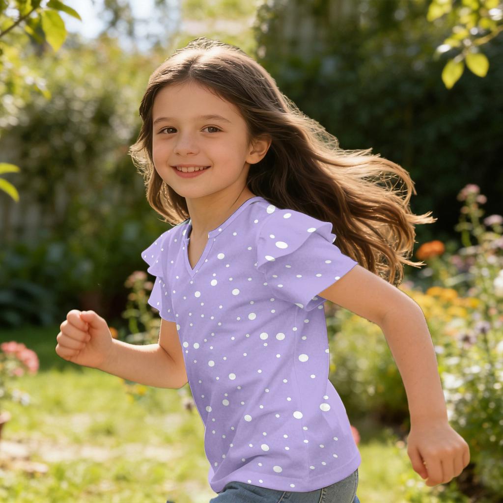 Girls V Neck Ruffle Sleeve Polka Dot Print Short Sleeve T Shirt Casual Blouse Lightweight Summer Top for Kids