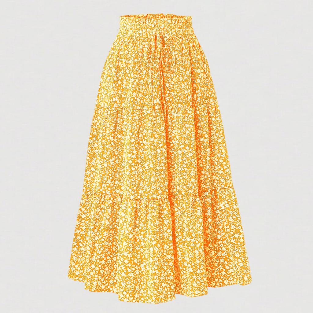 Kadın Modası Düz Renk Çiçekli Bağcıklı Elastik Bel Bol Uzun Etek