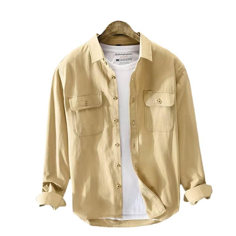 Men's High-End Cotton Pique Workwear Shirt – Loose Casual Button-Down Long Sleeve Top