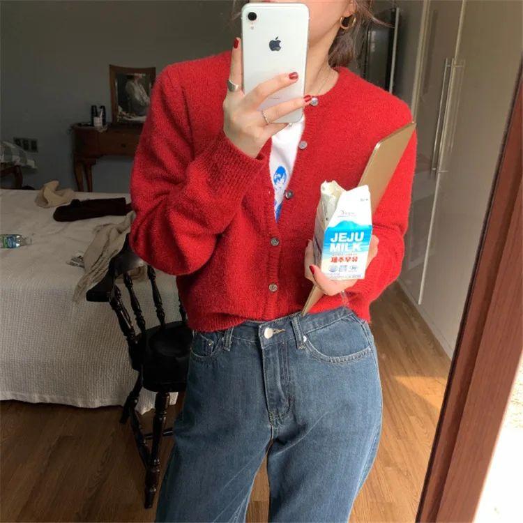 Long Sleeve Vintage Y2k Korean Knitted Cardigan Women's Autumn Winter Fashion O-Neck Versatile Slimming Basis Sweater