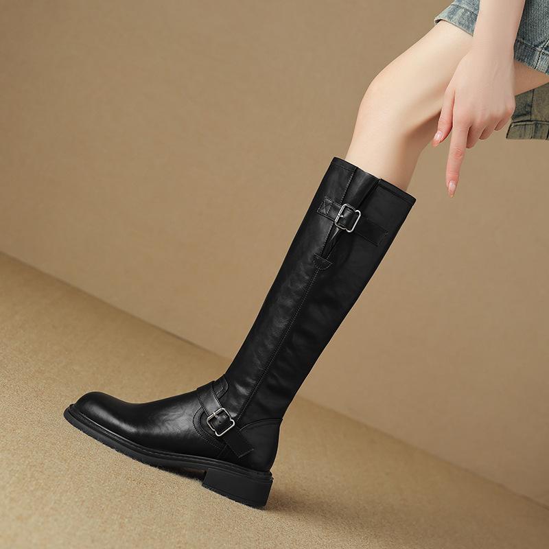 

Brown round head belt buckle long knight boots women s 2025 new autumn and winter velvet but knee-thin high boots 35