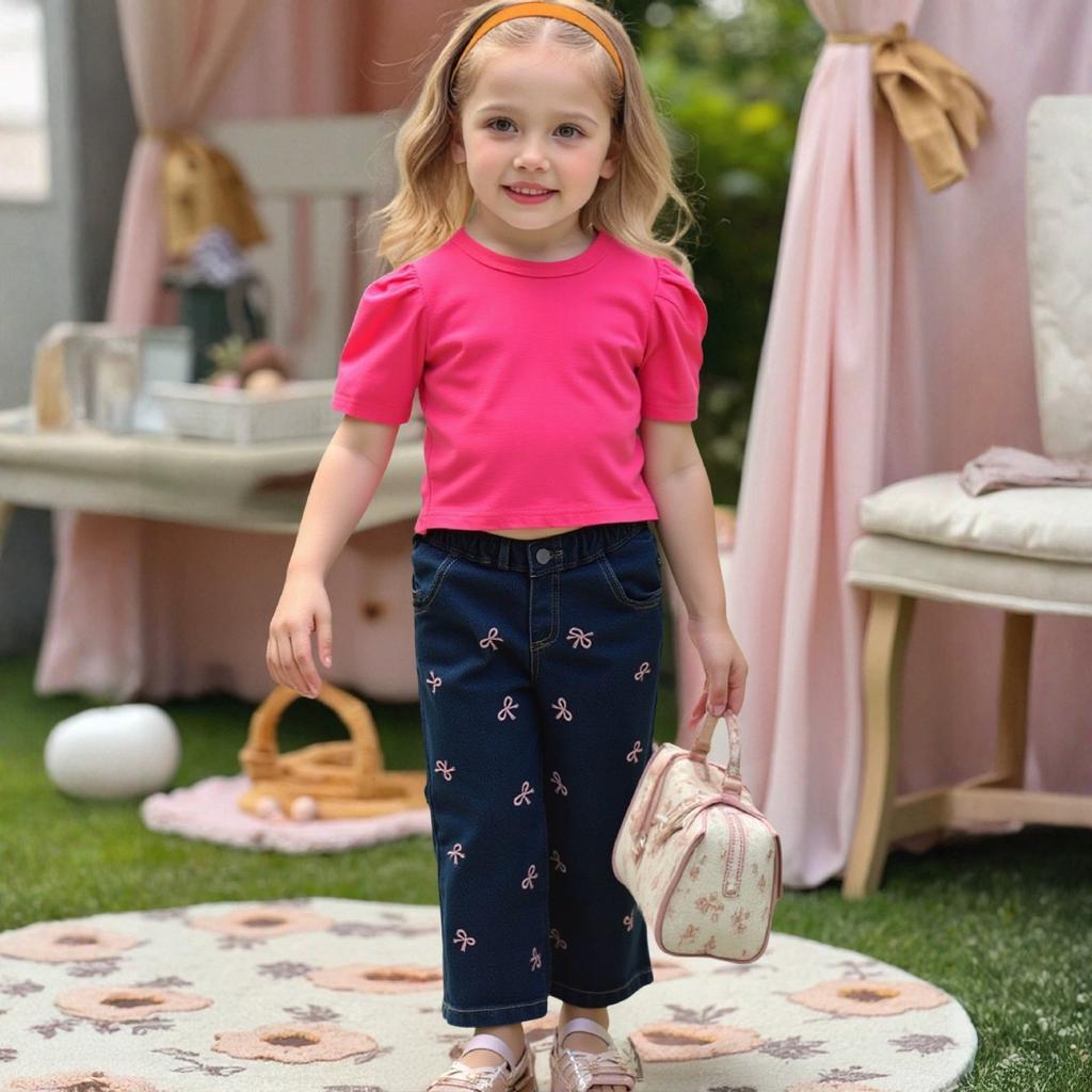 Girls' Stylish Butterfly Tee & Bowknot Jeans Two-Piece Set