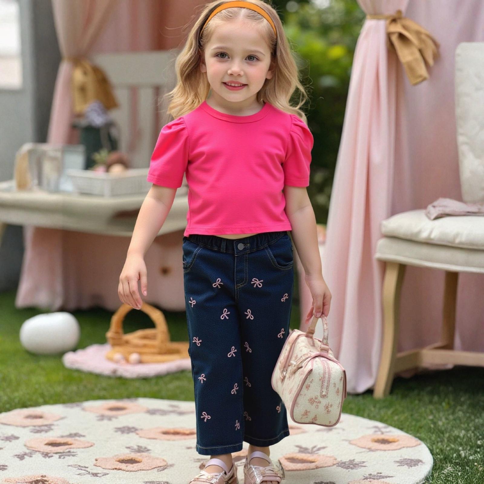 

Girls Stylish Butterfly Tee & Bowknot Jeans Two-Piece Set 110