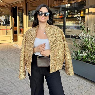 Mode Elegant Pailletten Kurze Jacke Damen Langarm Locker Einreihig Mantel Herbst Winter Stehkragen High Streetwear