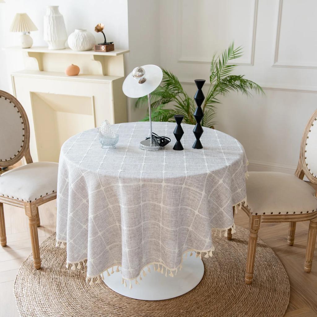 Cotton Linen Three-Dimensional Jacquard Checkered Round Tablecloth,Tassels Dust-Proof Table Cover,For Dinner Party Wedding Decor