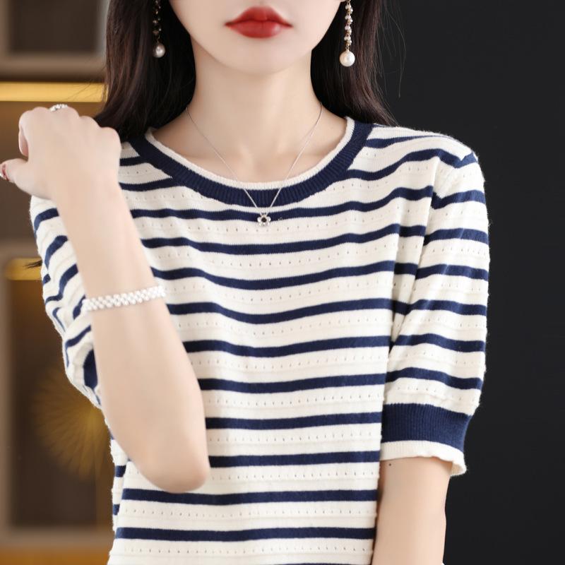 

Round Neck Contrast Striped Knitted Short-sleeved Summer Style Loose Slim Hollow Half-sleeved Pullover T-shirt Top Summer Thin S