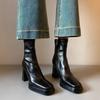 Block Heel Booties Women Fall Winter New Retro Platform Heightened Versatile Square Toe Rear Zipper