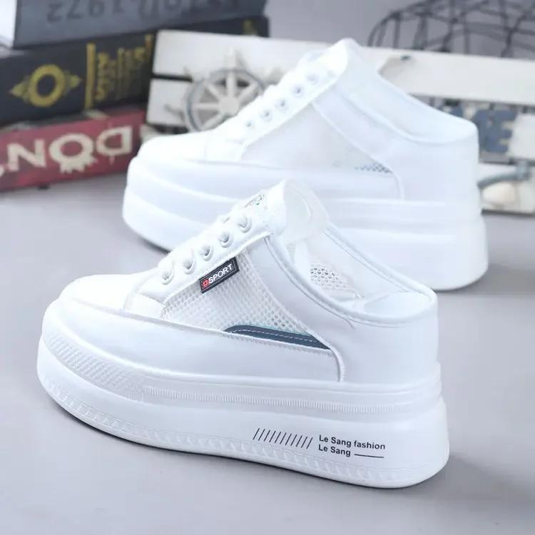 Fashion Summer Thick-soled Inner Heightening Half-drag Canvas Shoes Women's Muffin  A Pedal Lazy Shoes Women Casual Breathable Slippers